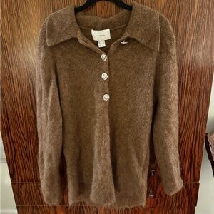Soft Brown Fuzzy Button-Up Sweater H&M edition with rhinestone buttons